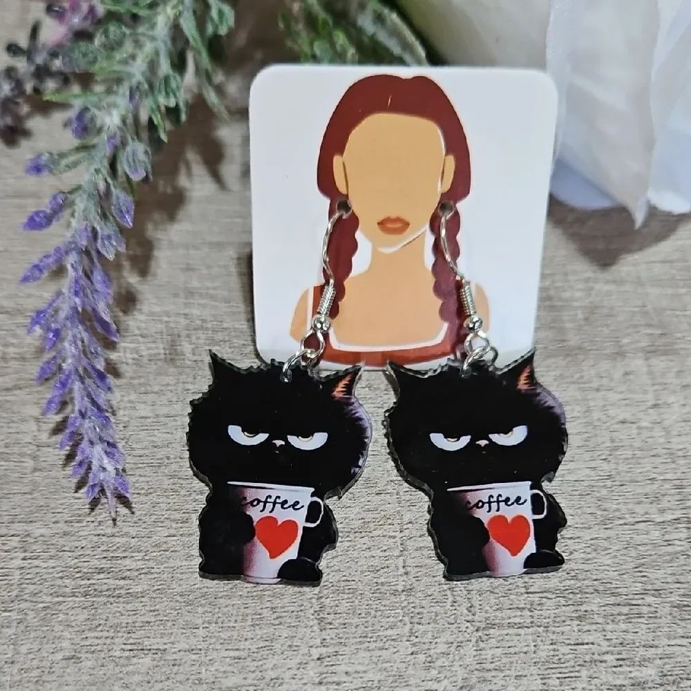 Angry 🎁 Black Cat Coffee Earrings
